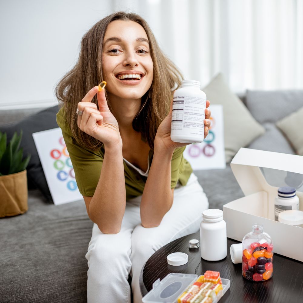 Woman holding a supplement bottle and a capsule in a living room setting